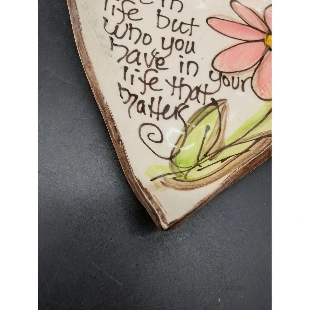 Handmade Ceramic Heart Trinket Dish Pink Daisy Inspirational Quote Signed 5